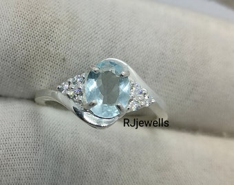 Natural Aquamarine Ring, Vintage Aquamarine Engagement Ring, Real Blue Wedding Ring, CZ Diamond Ring, Unique Aquamarine Gift For Wife & Mom