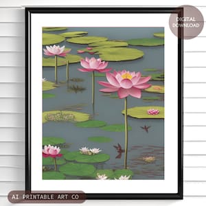 Art mural de fleurs de lotus, décoration intérieure de fleurs de lotus, cadeau d’art zen, impression d’art floral, art fantastique de lotus roses, art ai imprimable TÉLÉCHARGEMENT NUMÉRIQUE