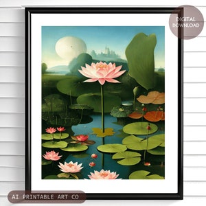 Art mural de fleurs de lotus, décoration intérieure de fleurs de lotus, cadeau d’art zen, impression d’art floral, art fantastique de lotus roses, art ai imprimable TÉLÉCHARGEMENT NUMÉRIQUE