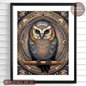 Wydrukowana sowa na ścianę, mandala sowa dekoracja domu, leśny nadruk zwierzęcy, duchowe zwierzęce dzieło sztuki, pomysł na prezent sowa, ai art CYFROWE POBIERANIE