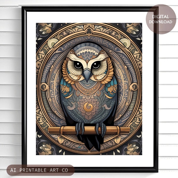 Printable owl wall art, mandala owl home decor, woodland animal print, spirit animal artwork, owl gift idea, ai art DIGITAL DOWNLOAD