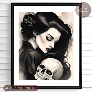 Woman and skull wall art, girl with skull home decor, black white and red art print, goth decor gift, ai art DIGITAL DOWNLOAD