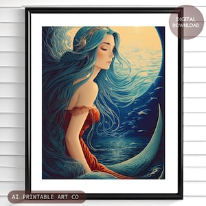 Mermaid printable wall art, blue mermaid home decor, mythical creatures fantasy art print, mermaid gift ideas, ai art DIGITAL DOWNLOAD