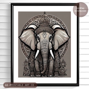 Elephant wall art, printable elephant home decor, mandala art elephant, spirit animal gift, jungle animal art print, ai DIGITAL DOWNLOAD