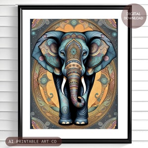 Elephant wall art printable instant download, mandala art elephant home decor, spirit animal gift, jungle animal art, ai DIGITAL DOWNLOAD