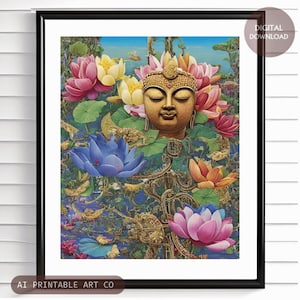 Art mural imprimable de Bouddha, Bouddha et lotus téléchargement instantané décoration intérieure, art de méditation de Bouddha, décor de studio de yoga, art ai TÉLÉCHARGEMENT NUMÉRIQUE