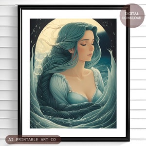 Mermaid printable wall art, blue mermaid home decor, mythical creatures fantasy art print, mermaid gift ideas, ai art DIGITAL DOWNLOAD