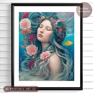 Meerjungfrau Wandkunst, druckbare Meerjungfrau Wohnkultur, Fabelwesen Fantasy Kunstdruck, Meerjungfrau und Blumen Geschenkidee, ai art DIGITAL DOWNLOAD