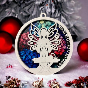 Uns ein Kind ist geboren Engel Weihnachtsverzierung SVG Laserschnittdatei