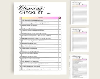 Könnte beinhalten: Eine druckbare Reinigungscheckliste mit einem rosa-gelben Farbverlaufskopf. Die Checkliste enthält 20 Reinigungsaufgaben, wie z. B. Staubwischen, Staubsaugen und Desinfizieren.