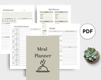 May include: Printable meal planner PDF with a weekly meal planner, daily meal planner, and recipe pages. The pages are beige with black text and lines. The cover page has a black and white illustration of a covered dish with steam coming from it.