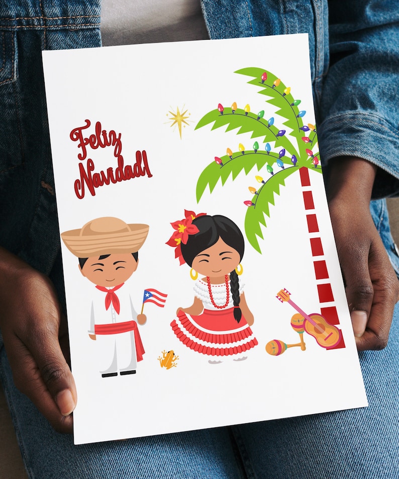 May include: A Christmas card featuring a cartoon illustration of a man and woman in traditional Puerto Rican clothing. The man is holding a Puerto Rican flag and the woman is holding a maraca. The card has the text "Feliz Navidad" in red lettering.