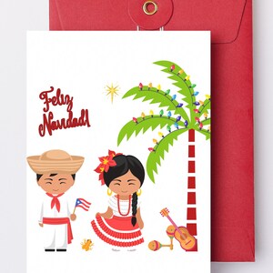 May include: A Christmas card featuring a couple in traditional Puerto Rican clothing standing in front of a palm tree decorated with Christmas lights. The text "Feliz Navidad" is written in red at the top of the card.