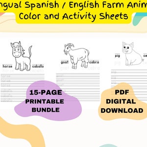Bilingual PDF printable bilingual Spanish English farm animals Spanish educational posters Spanish poster activity sheets