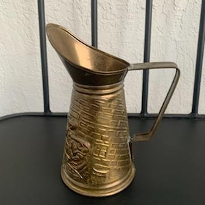 Vintage Hammered Brass Pitcher-Vintage Brass Jug-Decorative Metal Pitcher-Bar Scene Brass Pitcher