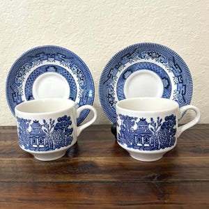 Churchill Blue Willow Teacup and Saucer Set of Two-Vintage Teacup and Saucer-Vintage Blue Willow Teacup and Saucer Sets-WE COMBINE SHIPPING