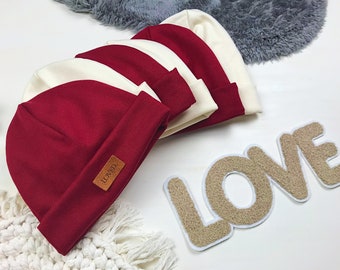 Babymütze in rot und beige | Hipsterbeanie | Beanie für Babys, Kleinkinder und Kinder | optional mit Label