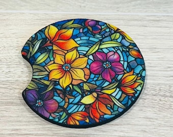 Posavasos para coche con diseño floral y efecto vitral: decoración absorbente para portavasos