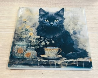 Black Cat Ceramic Coaster: Vintage Teacup & Floral Design