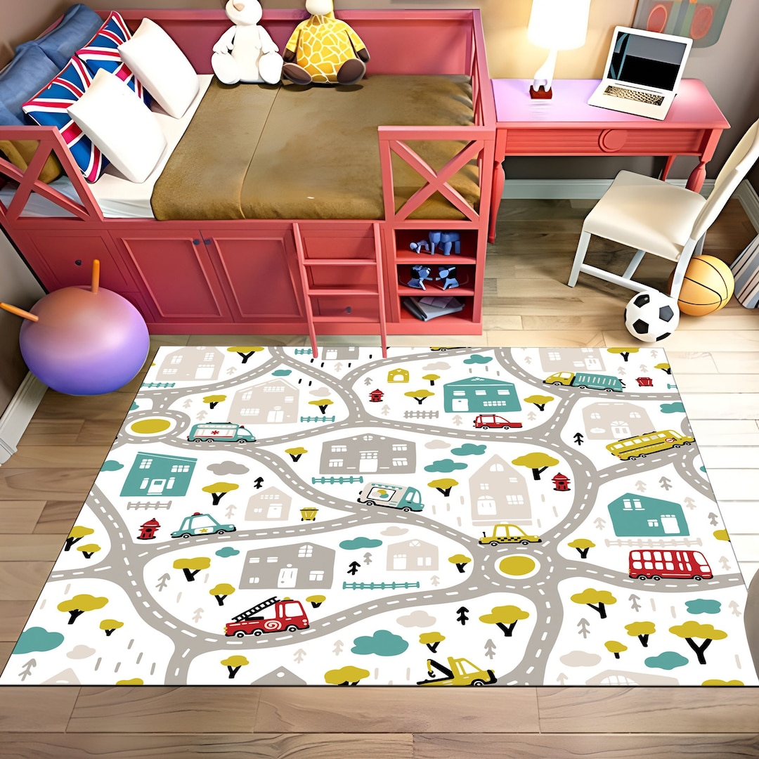 City Road Map Nursery Rug, Washable Kids Rug, Kids Play Mat, Nonslip
