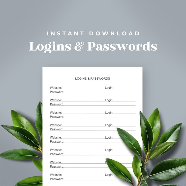 Password Tracker, Account Tracker,  Password List, Website Logins, Login Tracker, Account Logins, Instant Download, Account Details Keeper