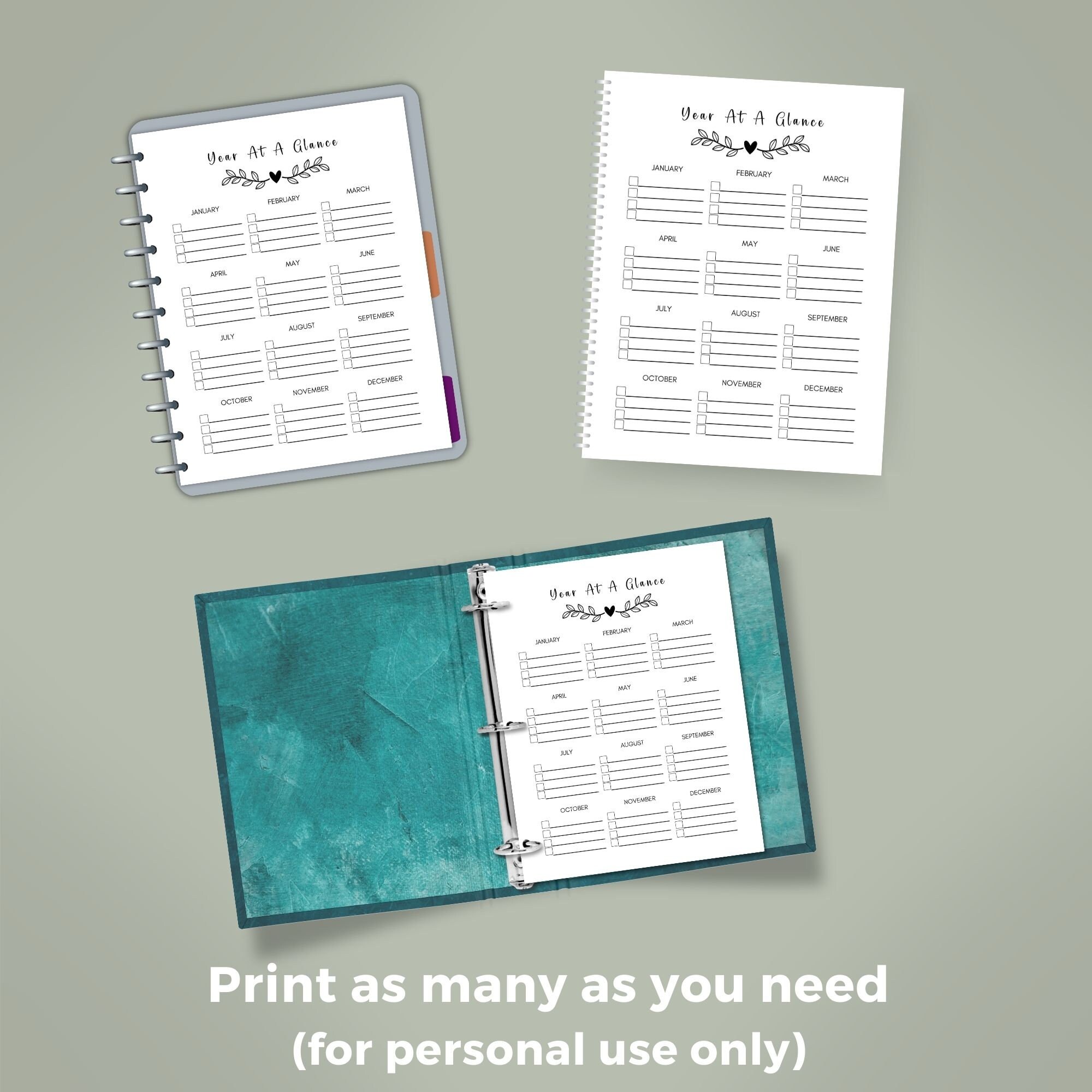 Year at A Glace Appointment Calendar Printable, 12 Month Calendar Happy ...