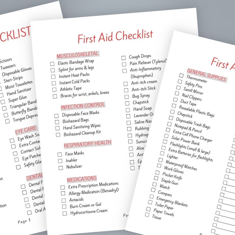 Printable First Aid Kit Checklist PDF, First Aid Supply List, DIY