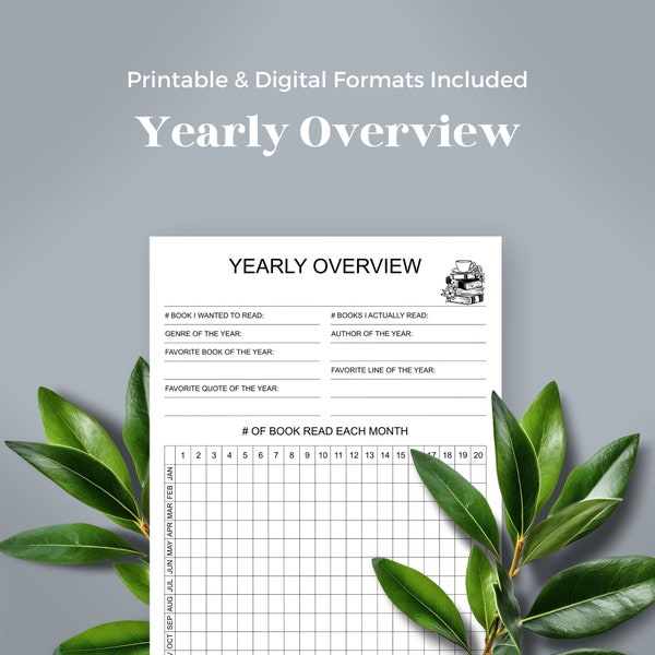 Yearly Reading Overview Page, Track Reading Goals and Achievements, Favorite For The Year, Monthly Book Count, Printable and Digital Planner