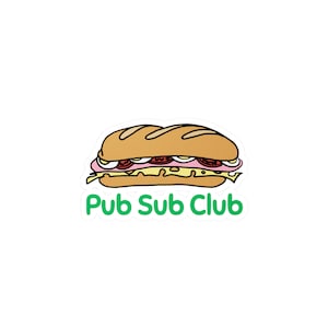 Puede incluir: Una ilustración de dibujos animados de un sándwich con el texto "Pub Sub Club" en letras verdes.