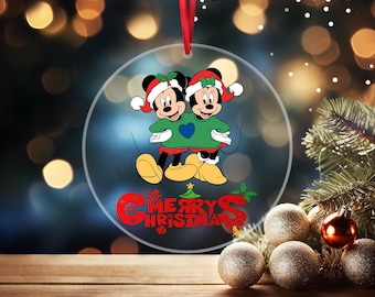 Mickey Mouse and Minnie Christmas Ornament, Clear Acrylic Round Tree Decor, Single or Set of 5