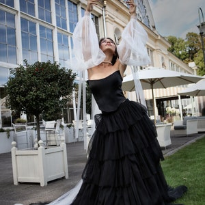 Black wedding dress with train: Satin Corset & Ball Tiered Long Tulle Skirt. Wedding Tulle Skirt with Ruffles and Satin Corset. Handmade
