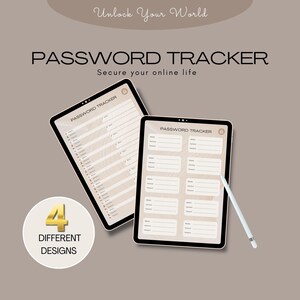 Könnte beinhalten: Zwei digitale Passwort-Tracker-Seiten auf einem Tablet mit einem Stift. Die Seiten sind beige mit einer Holzmaserung und der Text "PASSWORD TRACKER" steht oben auf jeder Seite. Der Text "4 DIFFERENT DESIGNS" befindet sich in einem goldenen Kreis.