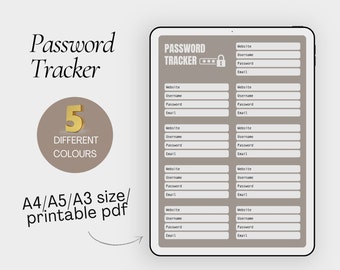 Pianificatore di monitoraggio password digitale |PDF stampabile |A4,A5,A3 |Registro password| Custode della password| Organizzatore di password| Localizzatore password| Stampabile