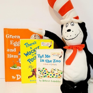 Großes Cat in The Hat Bücherpaket. Plüsch Katze. Bücher, Put Me in The Zoo, Dort ist ein Wocket in My Pocket, Grüne Eier und Ham