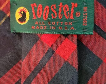 Rooster brand  tie VINTAGE made of red and black tartan cotton  USA Pre-owned EUC