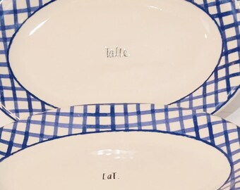 Rae Dunn Artisan Collection By Magenta Taste and Eat Blue/White Checkered Oval Plates