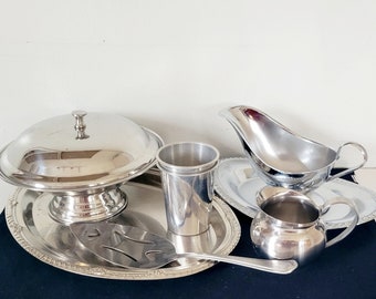 Fancy pretend play silver dishes and accessories. Play kitchen or mud kitchen.