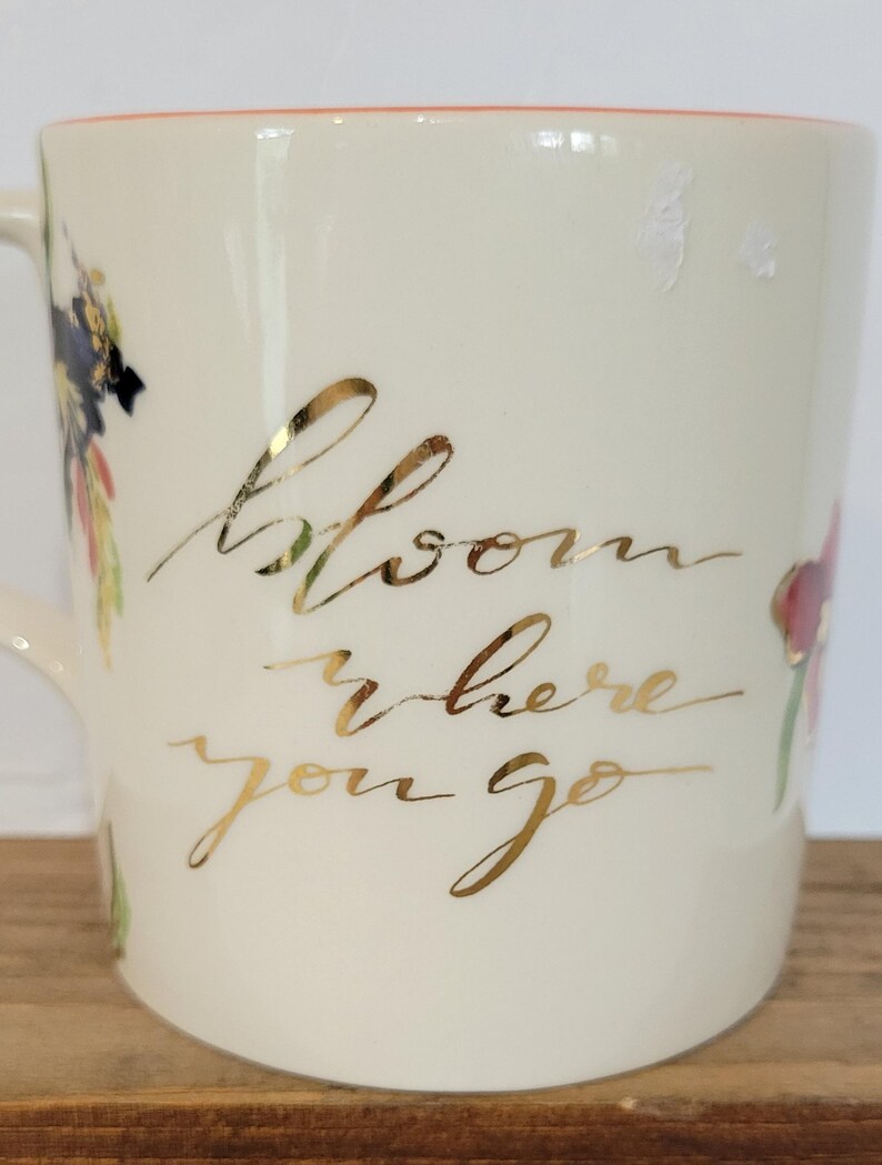 Pu&ograve; includere: Tazza in ceramica color crema con scritta dorata "Bloom where you go". La tazza presenta disegni floreali nei toni del rosa, viola e verde. Il bordo della tazza ha un accento color pesca.