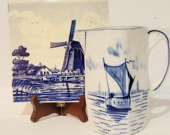 VIntage Delft Blue hand-painted ceramic pitcher and blue  white Delftware ceramic tile Dutch windmill landscape Both are in EUC