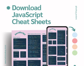 Pôster rosa de folha de dicas de programação JavaScript - arte decorativa de parede JavaScript com fundo azul para programadores - download instantâneo
