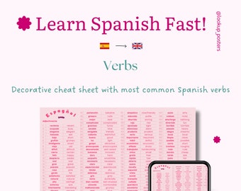 Pink Spanish Cheat Sheet Poster - Most Common Spanish Verbs - Instant Download