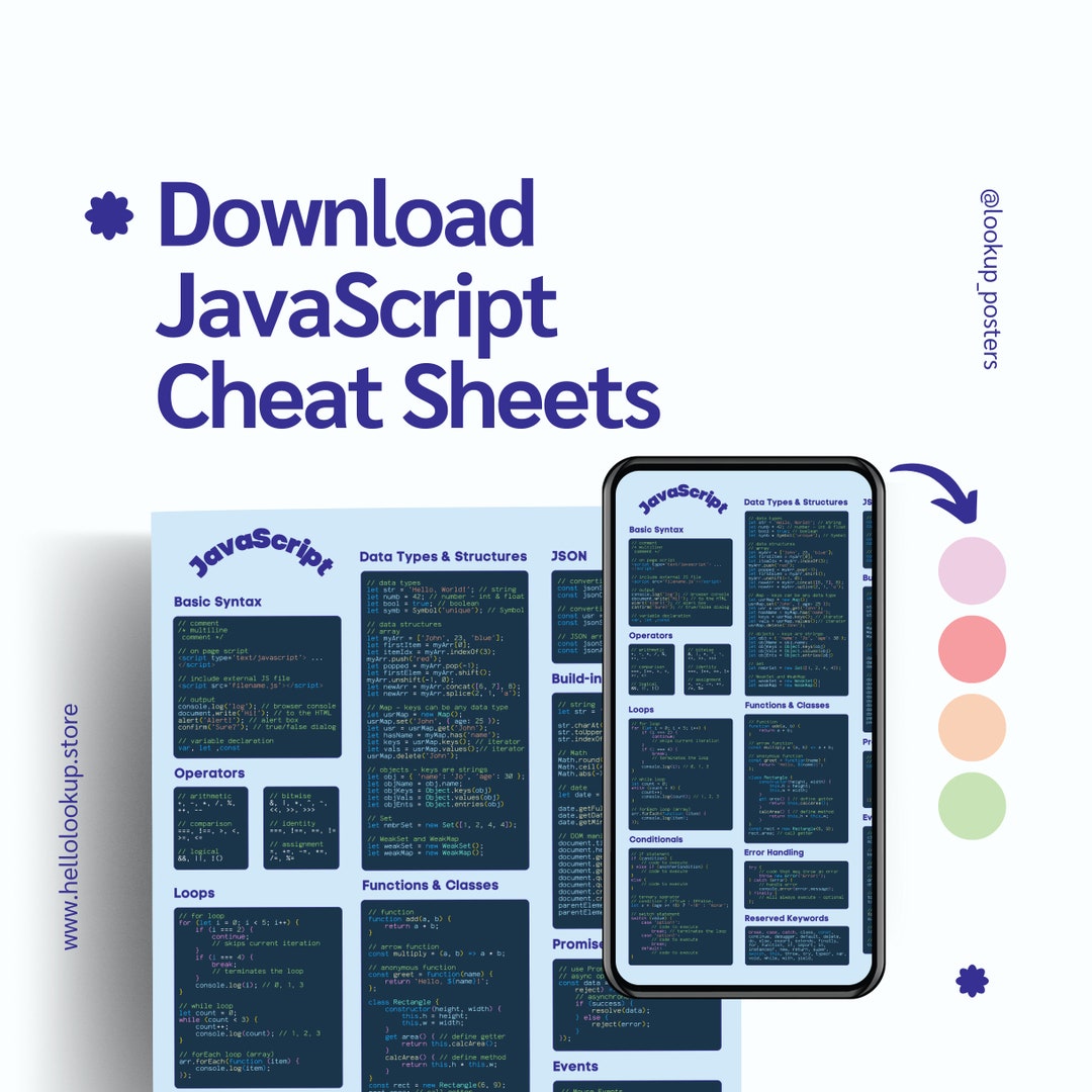 Blue Javascript Programming Cheat Sheet Poster - Blue Background ...