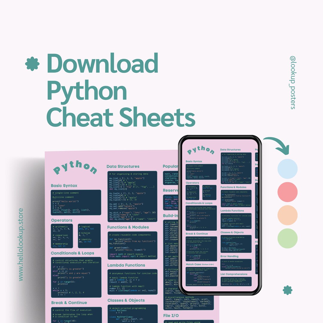 Pink Python Programming Cheat Sheet Poster - Blue Background Decorative ...