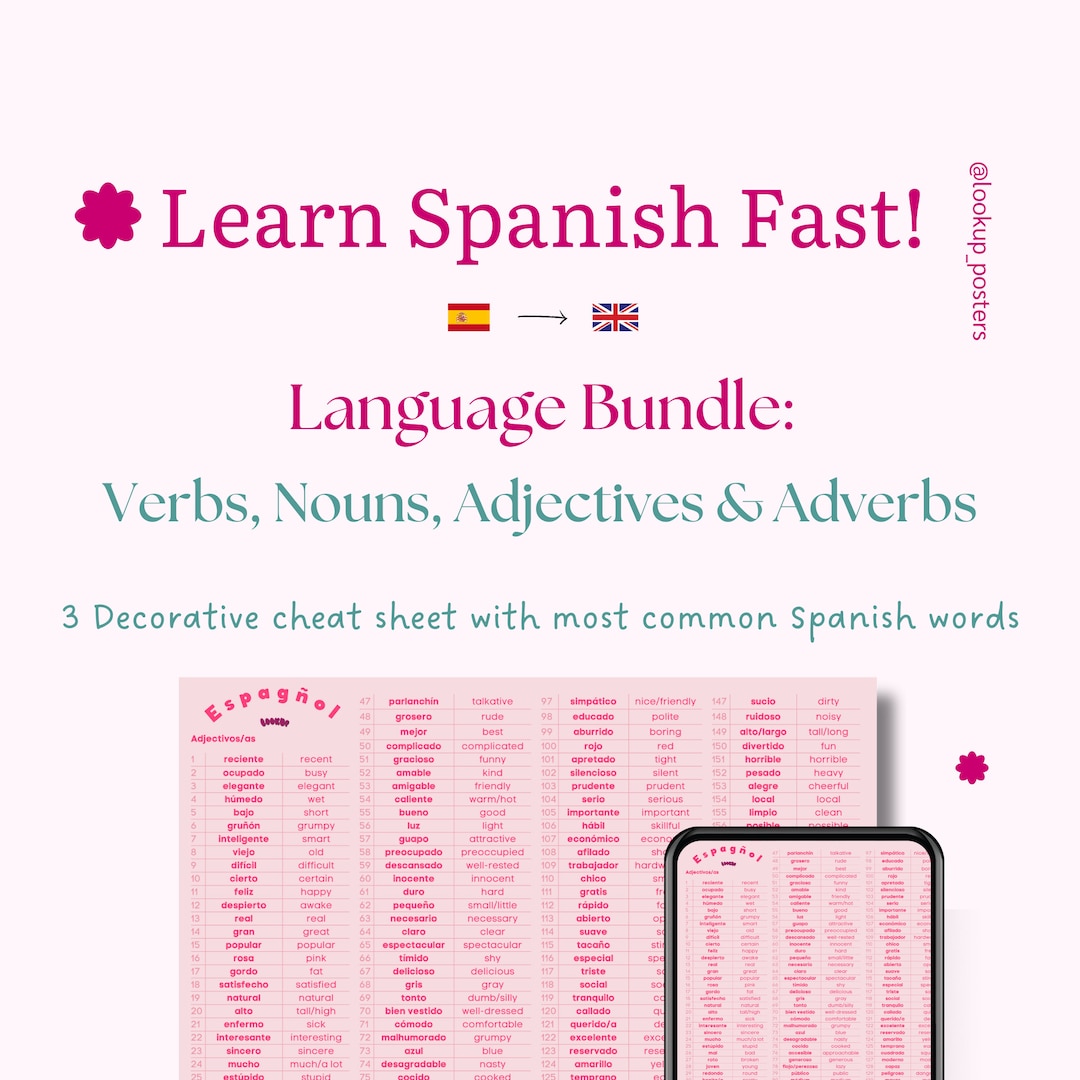 Pink Spanish Cheat Sheet Poster Bundle - Most Common Spanish Verbs ...