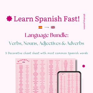 Pink Spanish Cheat Sheet Poster Bundle - Most Common Spanish Verbs, Nouns, Adjectives & Adverbs - Instant Download