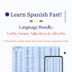 Blue Spanish Cheat Sheet Poster Bundle - Most Common Spanish Verbs, Nouns, Adjectives & Adverbs - Instant Download