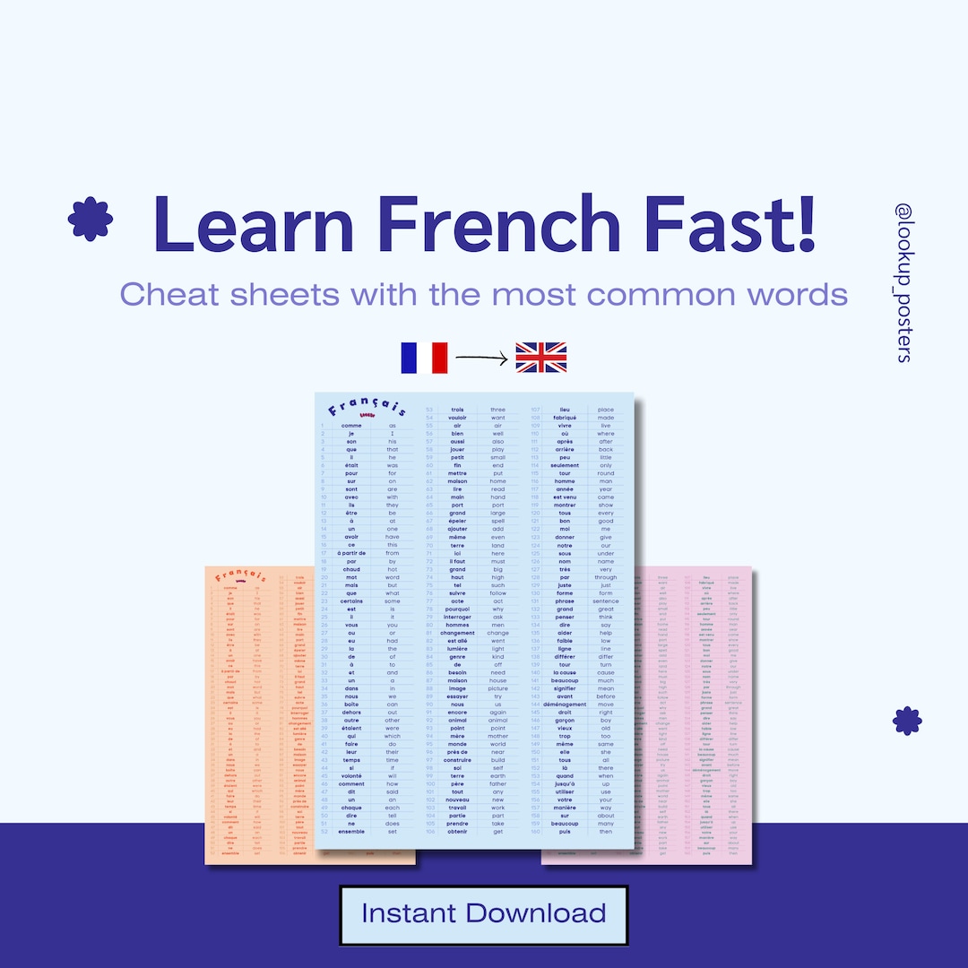 Blue French Cheat Sheet Poster Most Common French Words Stylish French
