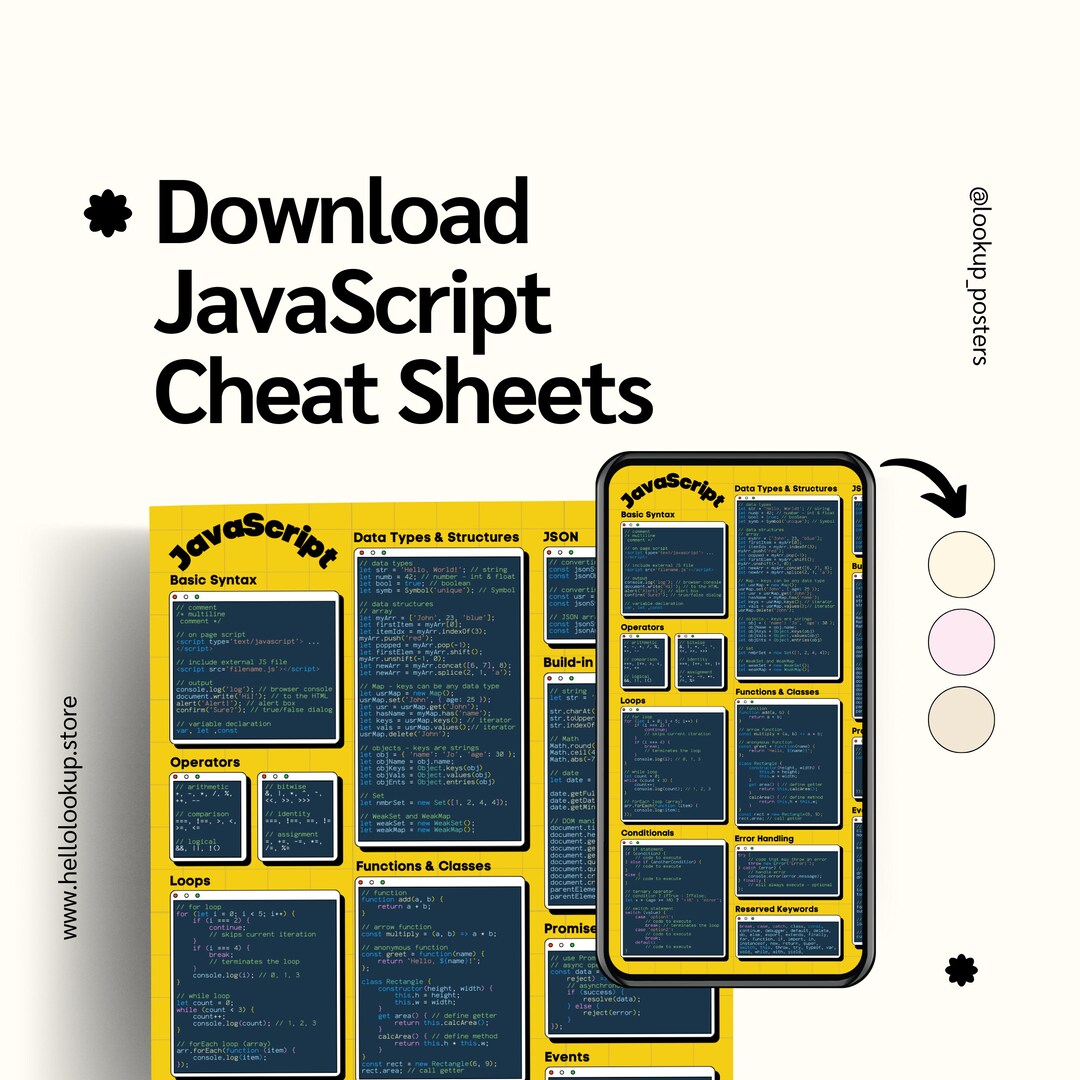 Yellow Javascript Programming Classroom Cheat Sheet Poster Blue ...