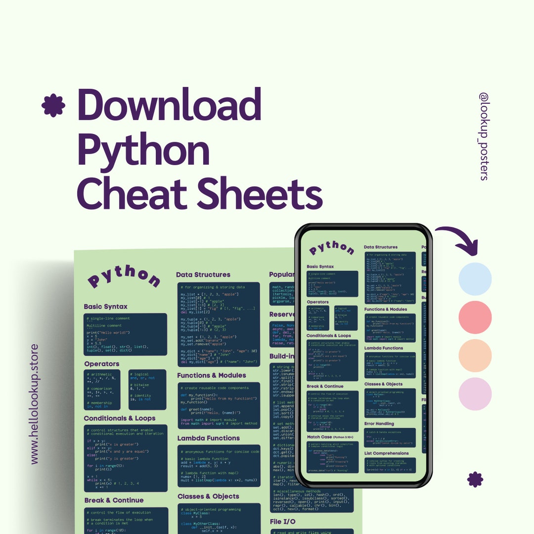Green Python Programming Cheat Sheet Poster - Blue Background ...