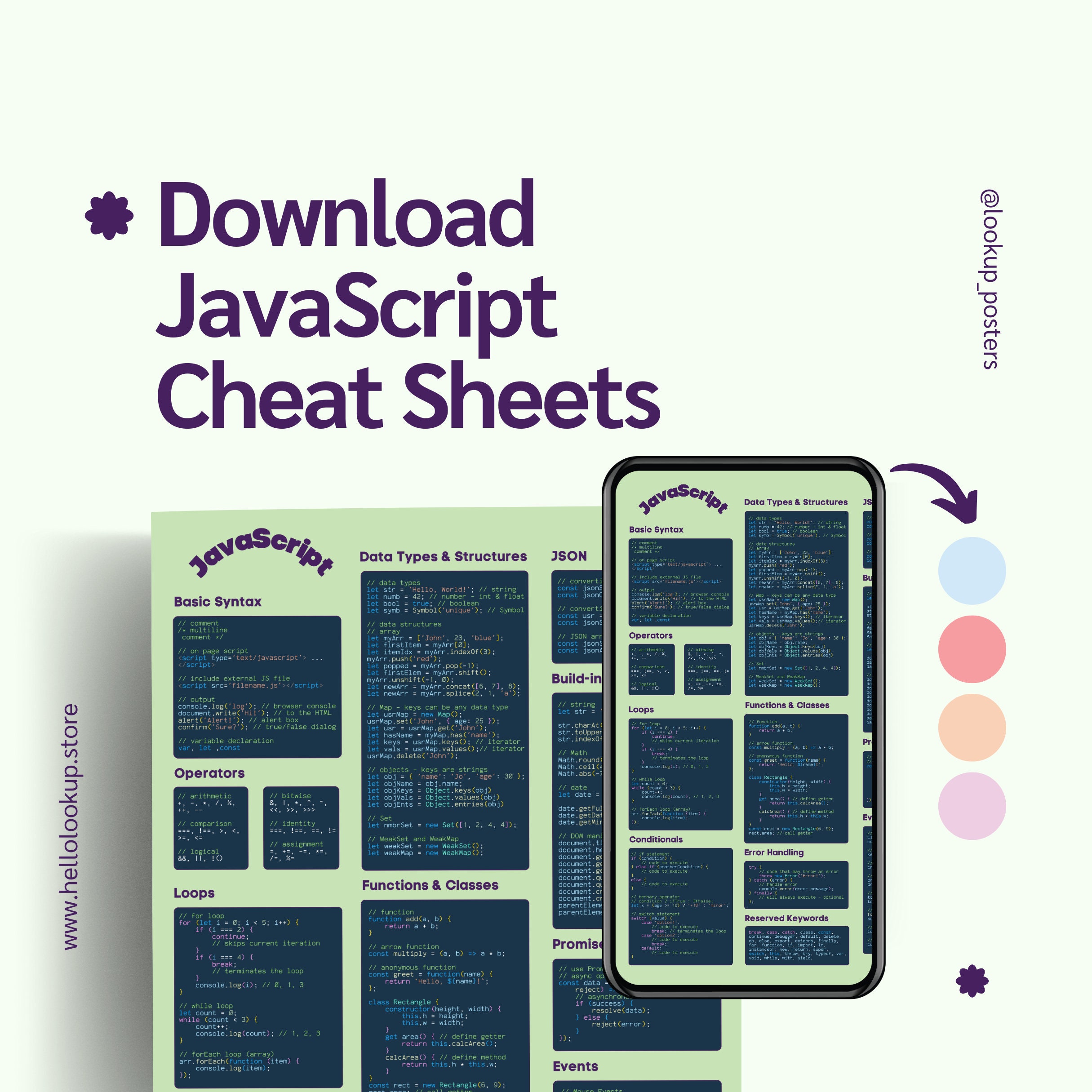 Green Javascript Programming Cheat Sheet Poster - Blue Background ...